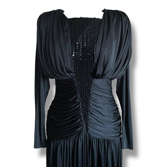 Vintage 1980s Claraluna Originals Dress Sz Small Black Coffin Pleat Vamp Disco - Picture 6 of 13